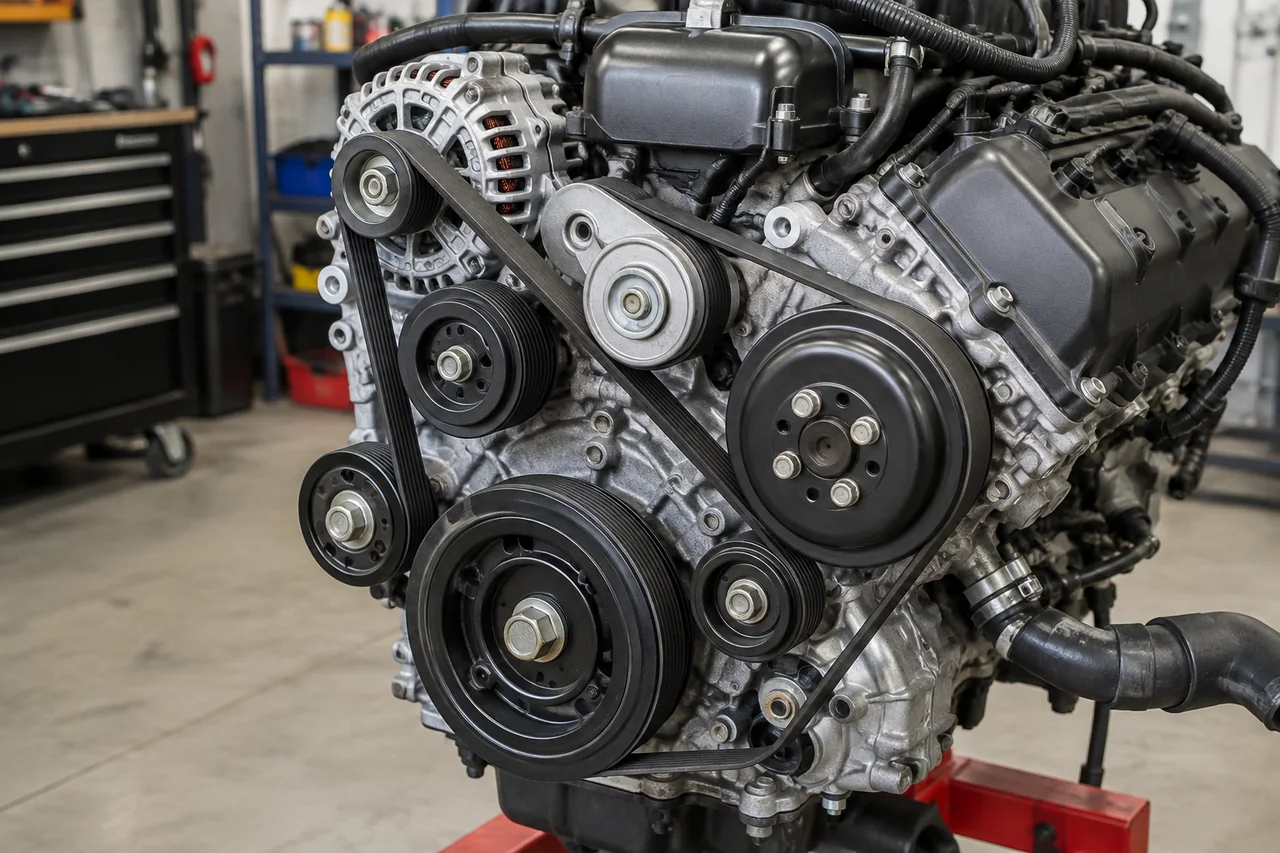Stationary Hemi accessory belt showing ribbed pulleys, smooth idlers, and the tensioner