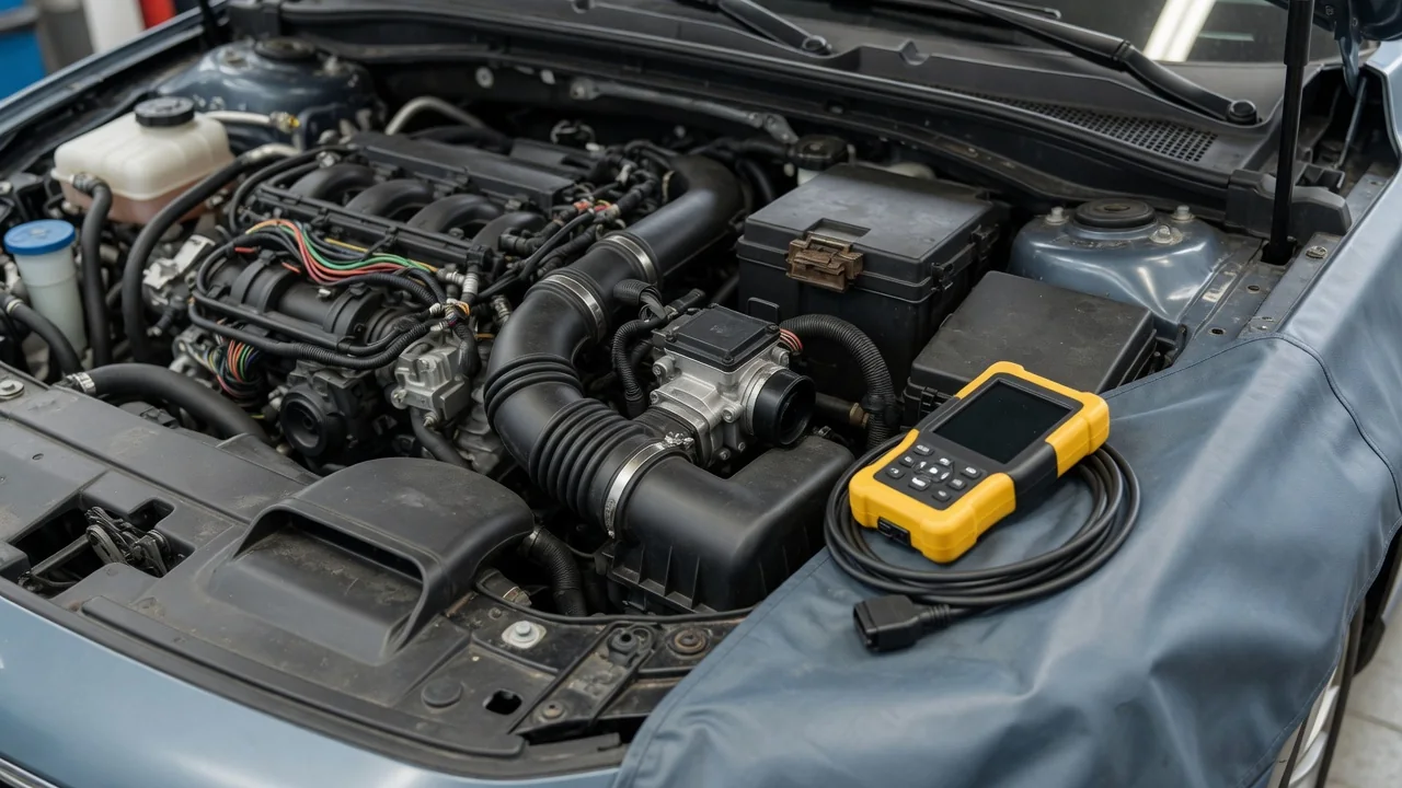 Engine bay with an electronic throttle body, intake duct, and diagnostic scan tool