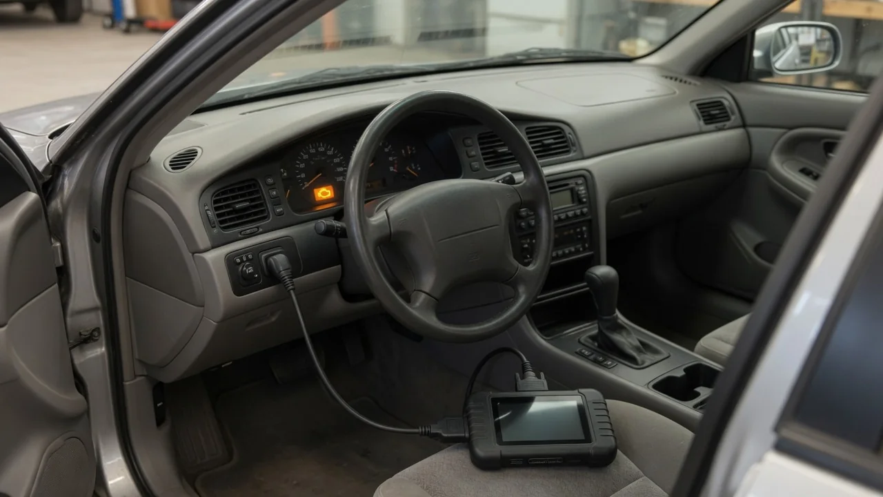 Diagnostic scanner connected inside a parked vehicle during a check engine light inspection