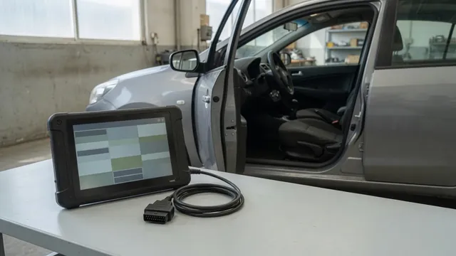 Diagnostic scan tool displaying P1063 beside a vehicle with its hood open