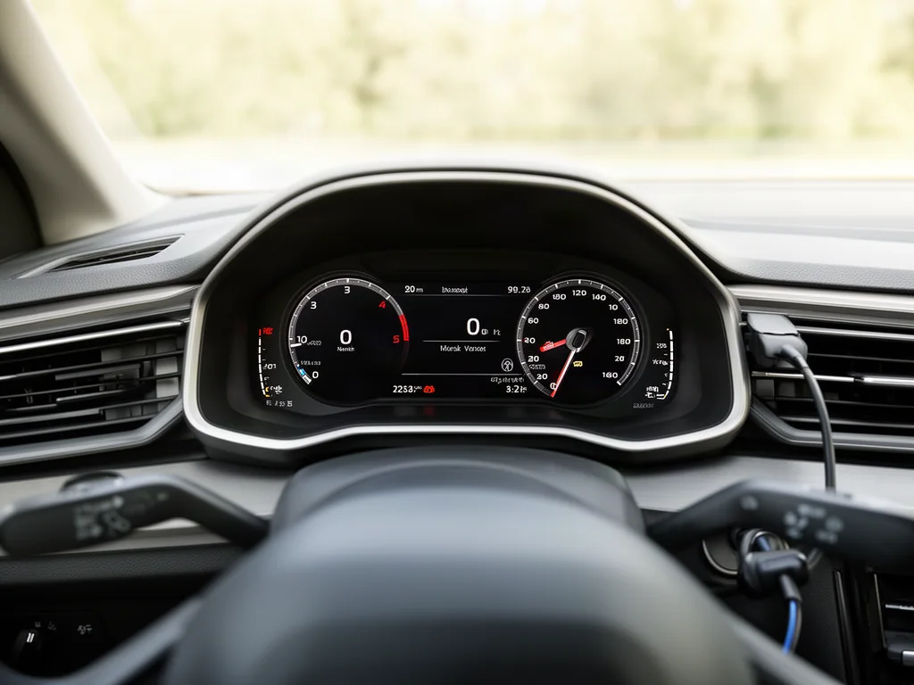 Car dashboard instrument cluster with a digital odometer reading in daylight