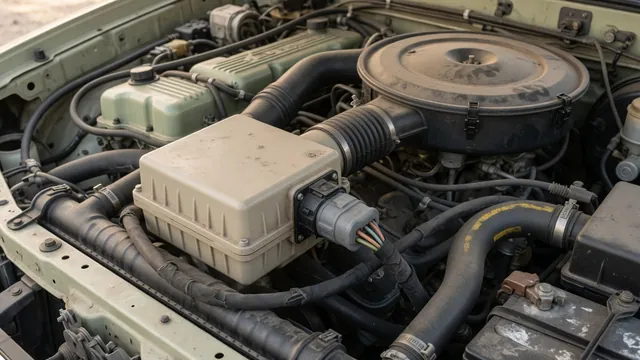Toyota 22RE pickup engine bay with the air flow meter housing identified near the air cleaner