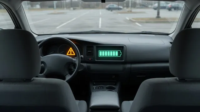 Hybrid vehicle dashboard with an illuminated warning indicator and battery charge display