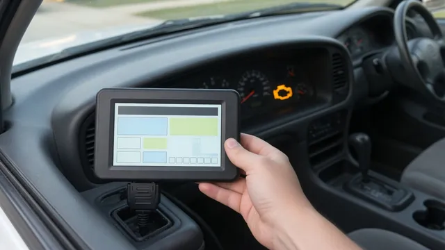 Handheld OBD2 code reader plugged into a car's diagnostic port displaying a trouble code, with the check engine light lit on the dashboard