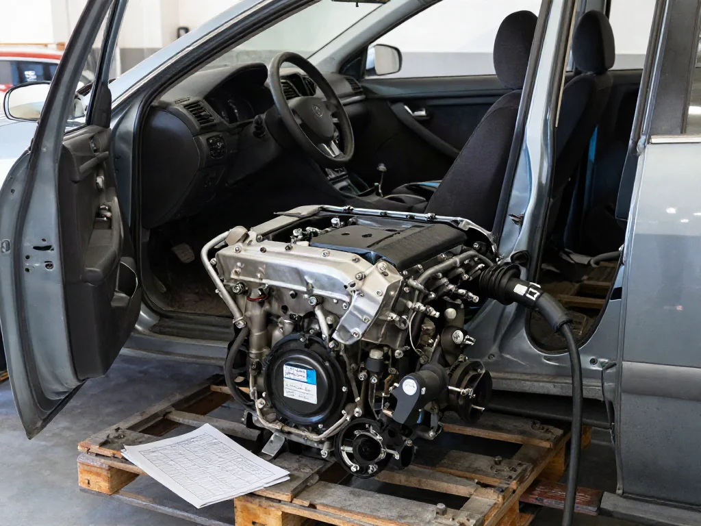 Used car engine secured on a pallet with an identification tag and inspection paperwork nearby