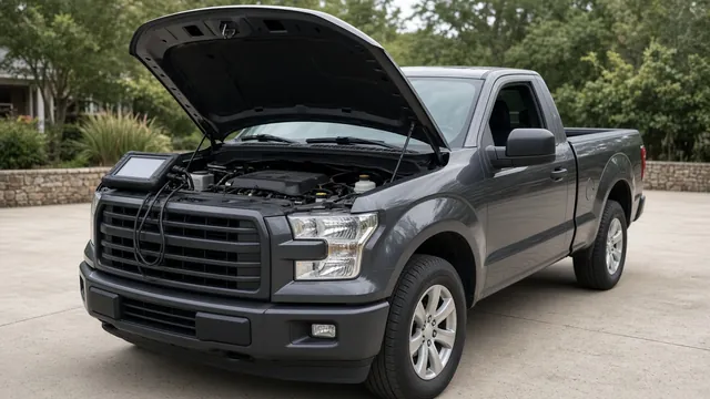 Ford F-150 parked with its hood open for a rough-idle inspection