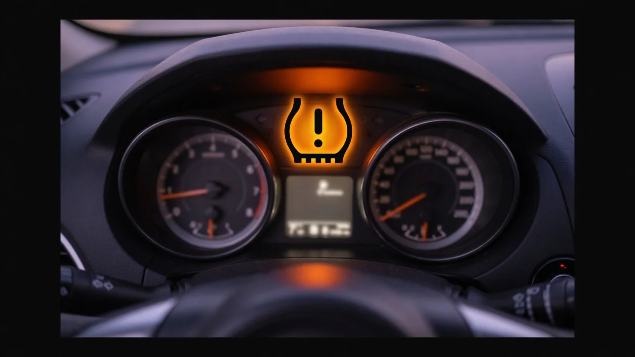 Amber TPMS warning light showing a tire cross-section with an exclamation mark lit up on a car dashboard