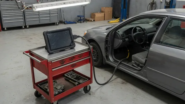 Diagnostic scan tool beside a parked vehicle awaiting investigation of a P1832 fault code