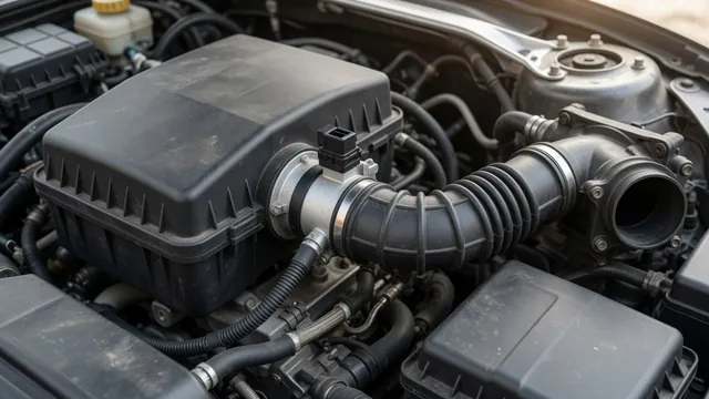 Illustration of a BMW intake tract with the air filter housing, airflow sensor housing, and intake hose