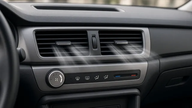 Car dashboard air vents and climate control fan knob, illustrating AC blower motor noise troubleshooting