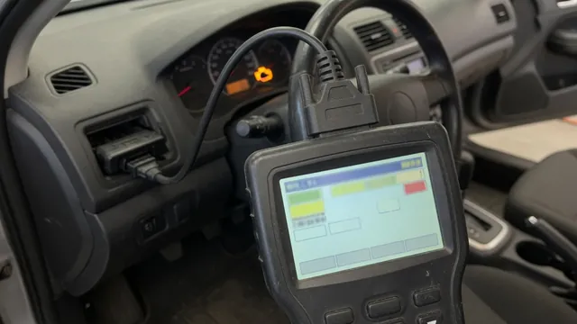 OBD-II scan tool connected to a car diagnostic port, with the check engine light on in the background