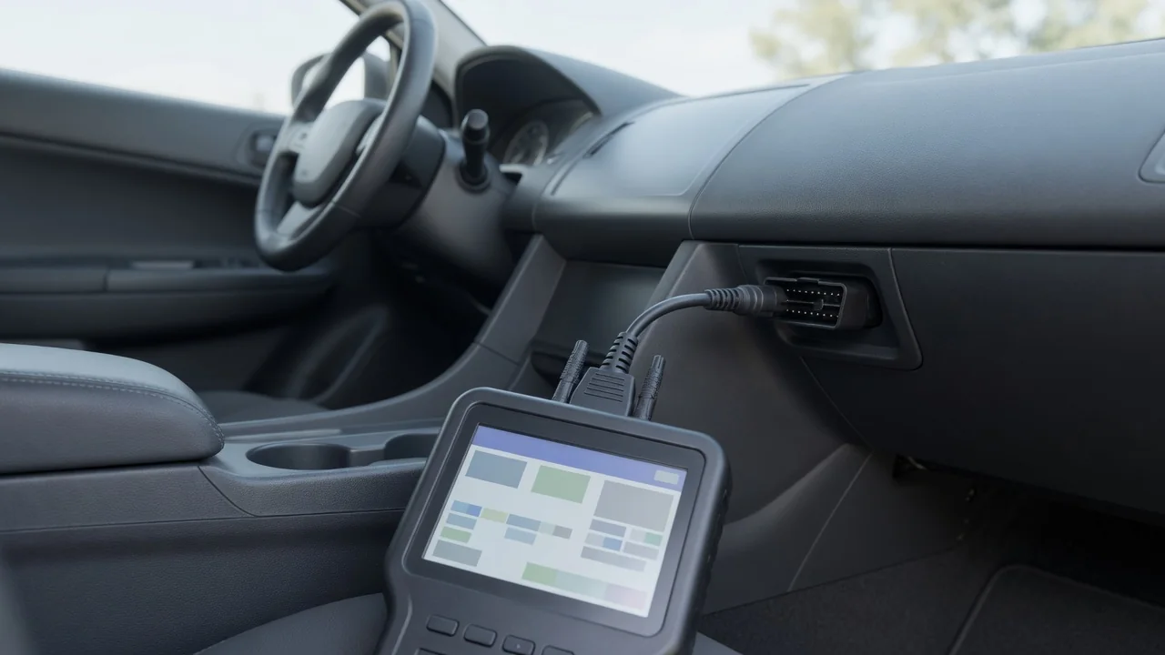 OBD-II scan tool connected under a car dashboard to read a P1751 trouble code