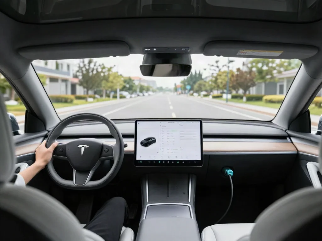 Driver's view of an electric car interior with a regenerative braking level menu on the center touchscreen