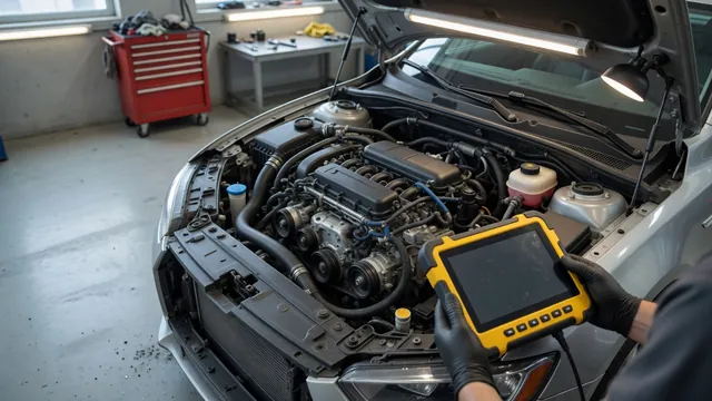 Engine bay with a diagnostic scanner displaying P0303, the cylinder 3 misfire code