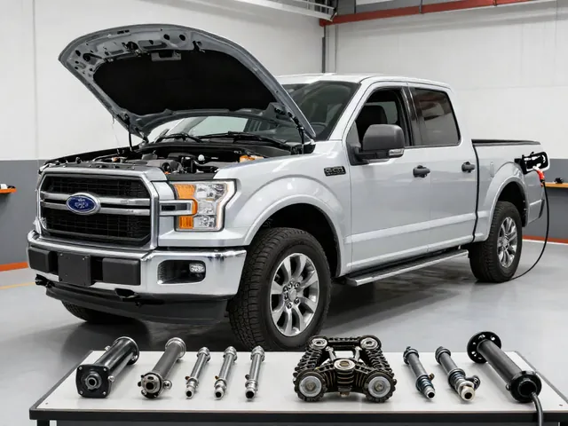 Ford F-150 in a service bay with timing chain components arranged on a nearby workbench