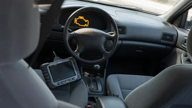Diagnostic scanner beside a vehicle dashboard showing an illuminated check engine light
