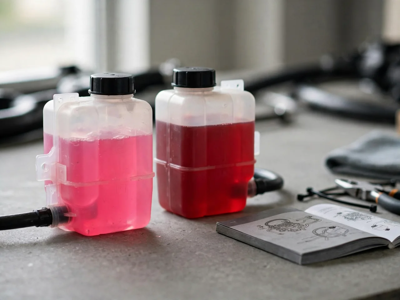 Pink and red automotive coolant in two clear reservoirs on a workbench beside an open owner's manual