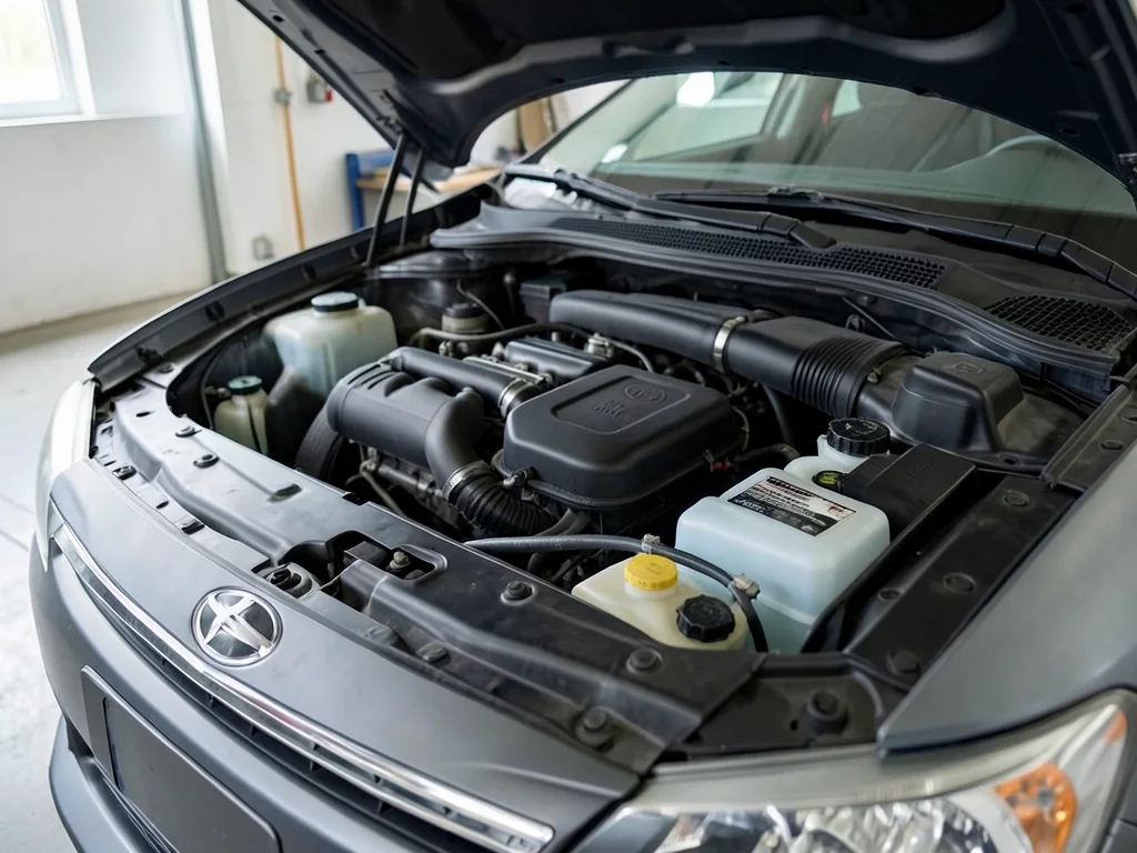 Sealed coolant jug beside an engine coolant reservoir in a parked car with the engine off