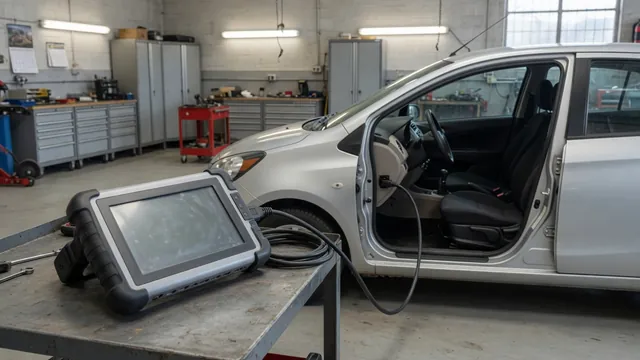 Diagnostic scanner connected inside a parked vehicle with P1400 displayed on its screen