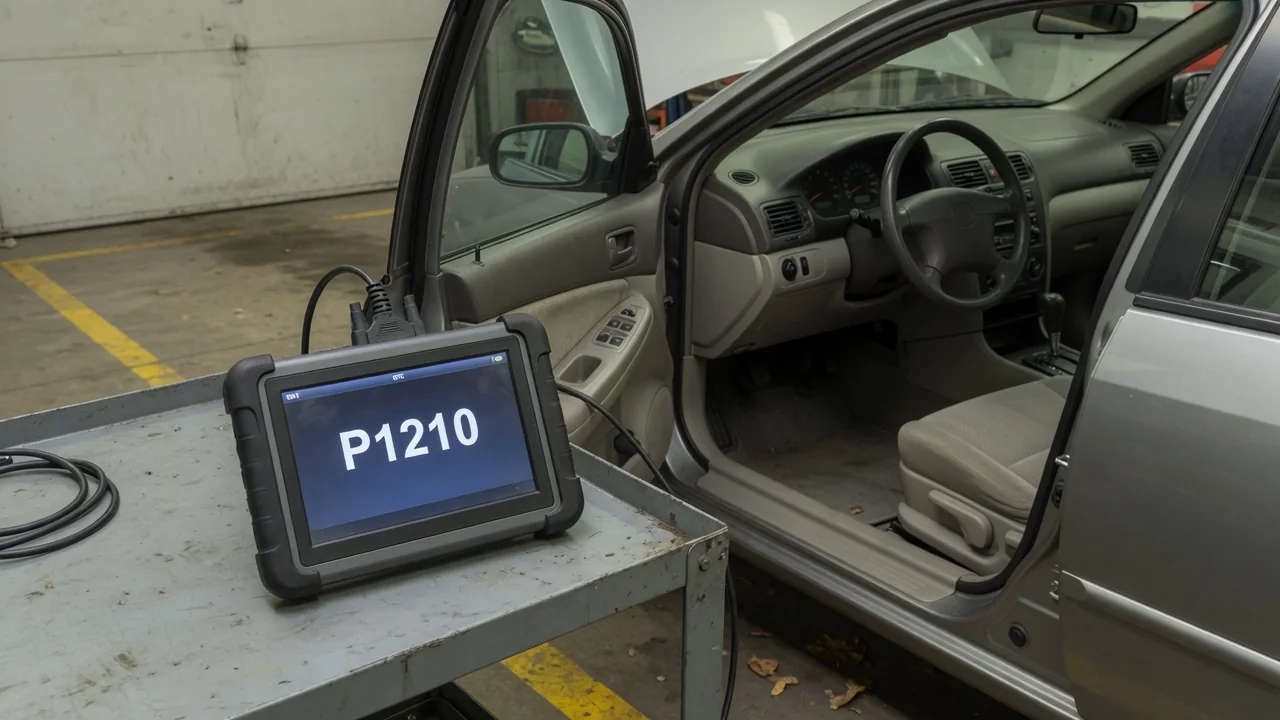 Diagnostic scan tool beside a vehicle dashboard displaying the P1210 trouble code