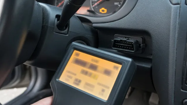 OBD-II scanner plugged into a car's diagnostic port, showing a trouble code, with the check engine light on in the background