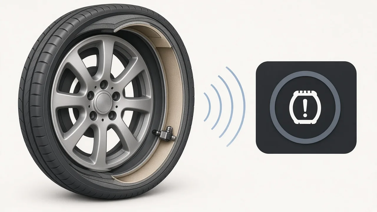 Cutaway illustration of a wheel with a tire pressure sensor sending a signal to a dashboard