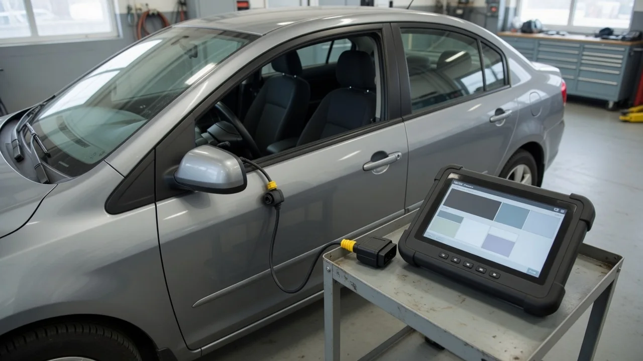 Diagnostic scanner beside a vehicle with P1154 and P1155 displayed as codes requiring vehicle-specific verification