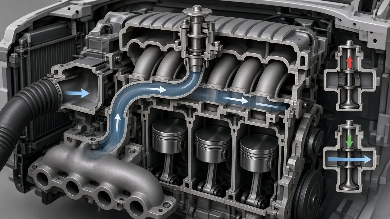 Cutaway illustration of an engine showing the EGR valve routing exhaust gas back into the intake manifold