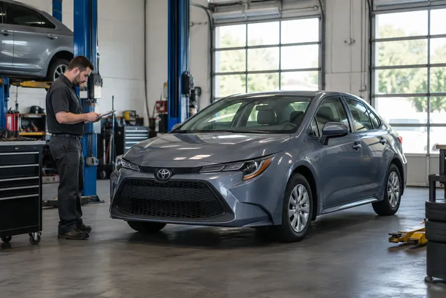 Toyota Corolla parked in a service bay for a timing belt maintenance assessment