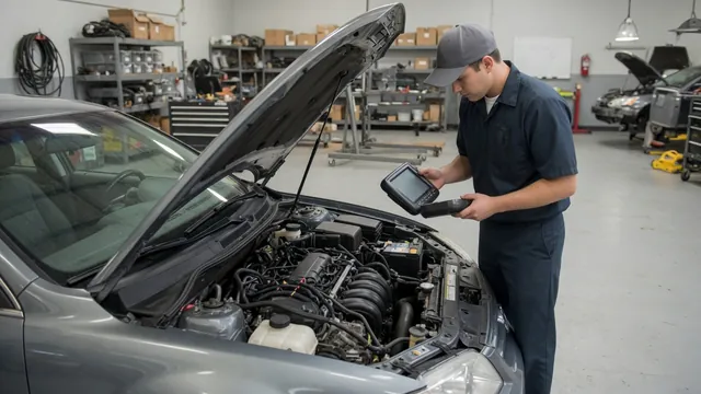 Technician reviewing intake air temperature sensor readings on a scan tool beside an open engine bay.