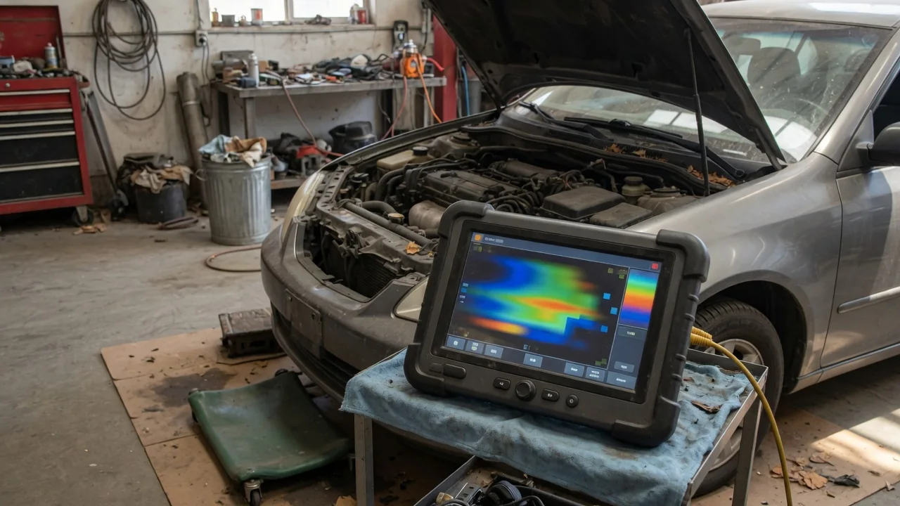Diagnostic scan tool displaying P1445 beside a parked vehicle in a repair shop