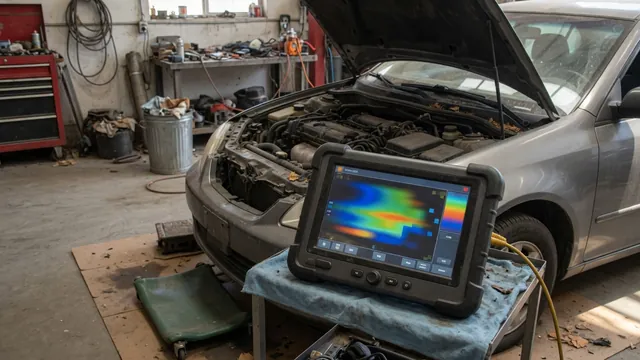 Diagnostic scan tool displaying P1445 beside a parked vehicle in a repair shop