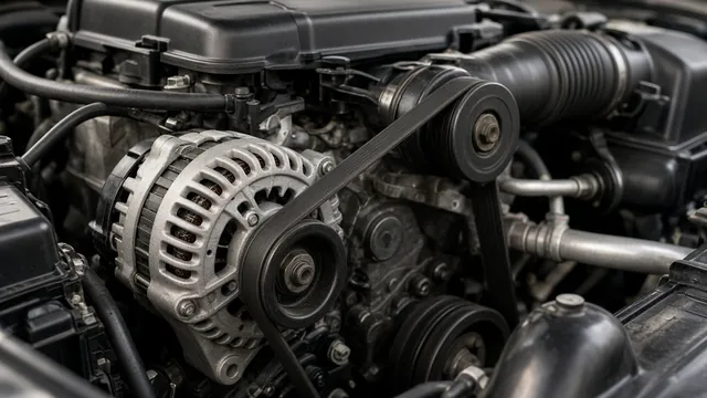 Alternator, accessory belt, and pulley visible in a stationary car engine bay