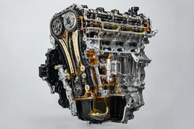 Cutaway illustration of an engine timing chain, guides, tensioner, and oil passages