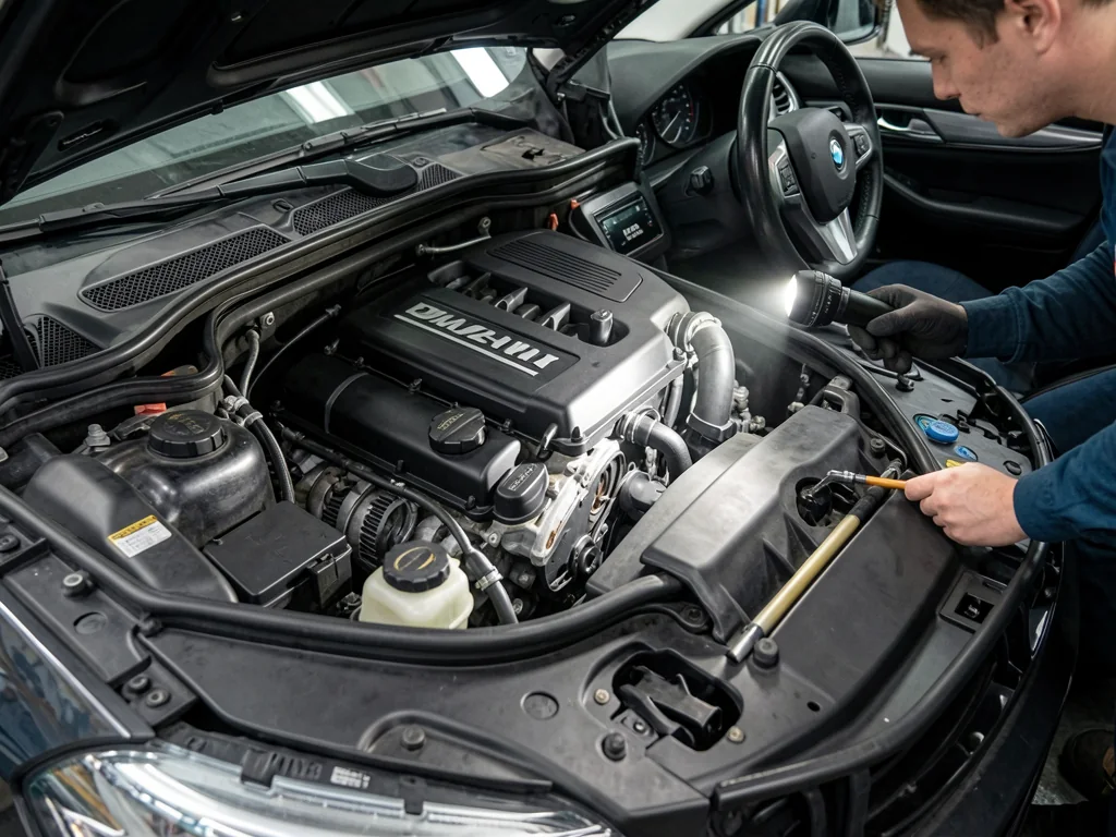 BMW engine bay with a technician inspecting the valve cover and crankcase ventilation area