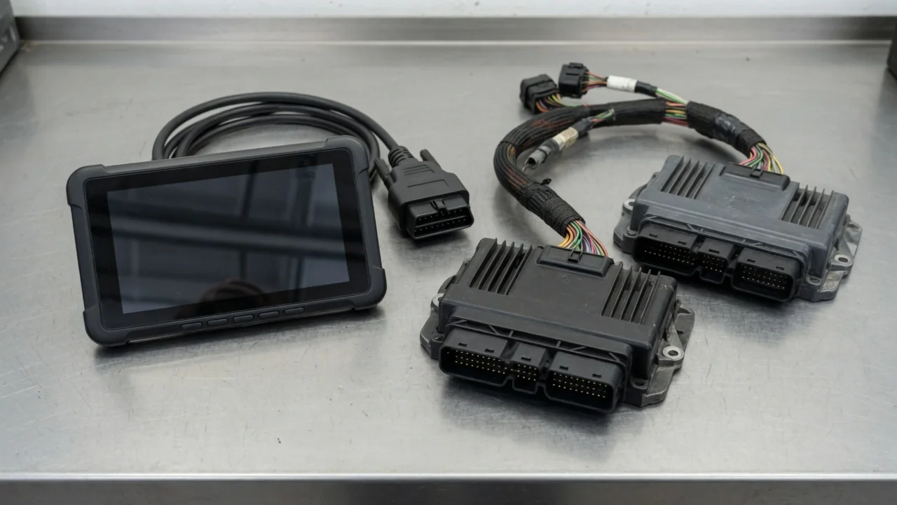Diagnostic scanner beside transmission and engine control modules on an automotive workbench