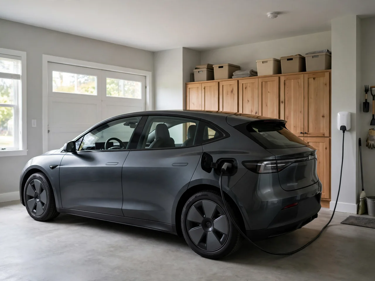 Electric car charging from a wall-mounted home charger in a tidy, well-lit garage