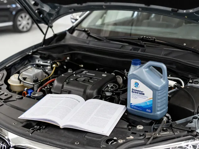 Vehicle owner's manual beside a sealed coolant container and a cool engine's coolant reservoir