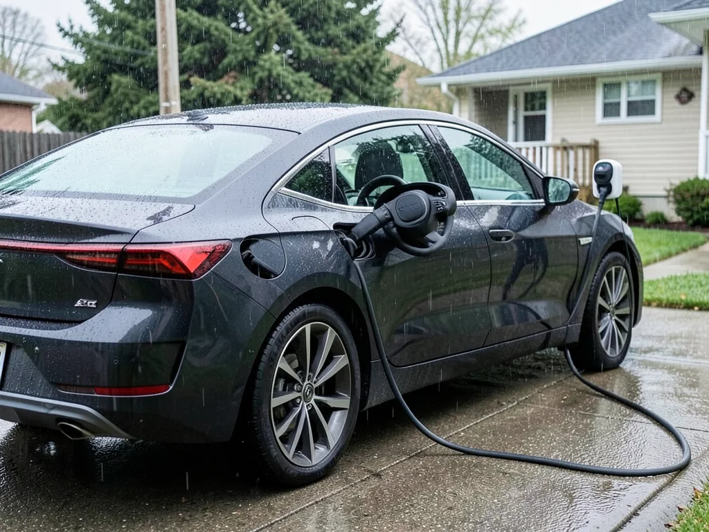 Electric car connected to a wall-mounted outdoor home charger during light rain
