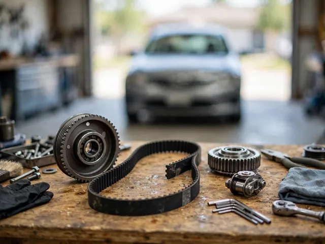 Timing belt and toothed pulleys displayed on a clean automotive workshop bench