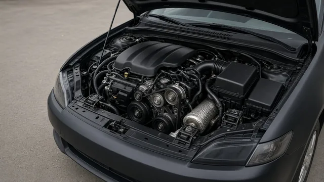 Parked car with an open hood and highlighted areas around the engine, accessory drive, mounts, and exhaust
