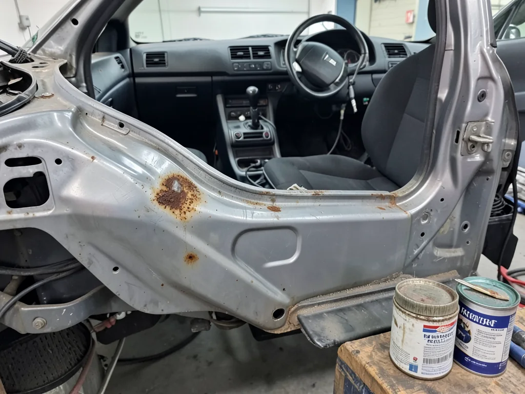Surface rust on a car body panel beside a brush and an unlabeled rust converter container