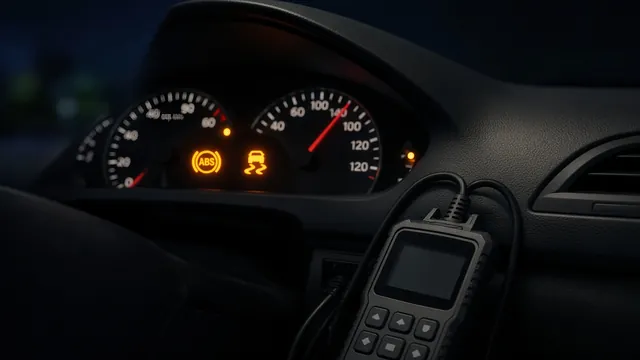Car dashboard showing lit ABS and traction control warning lights, with an OBD-II scan tool plugged in to read a chassis code