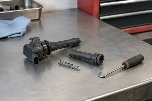 Ignition coil boot and contact spring beside a coil assembly on a clean workbench