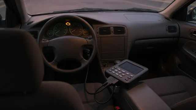 Illustration of a Subaru dashboard with an illuminated check engine symbol and an OBD-II scanner nearby