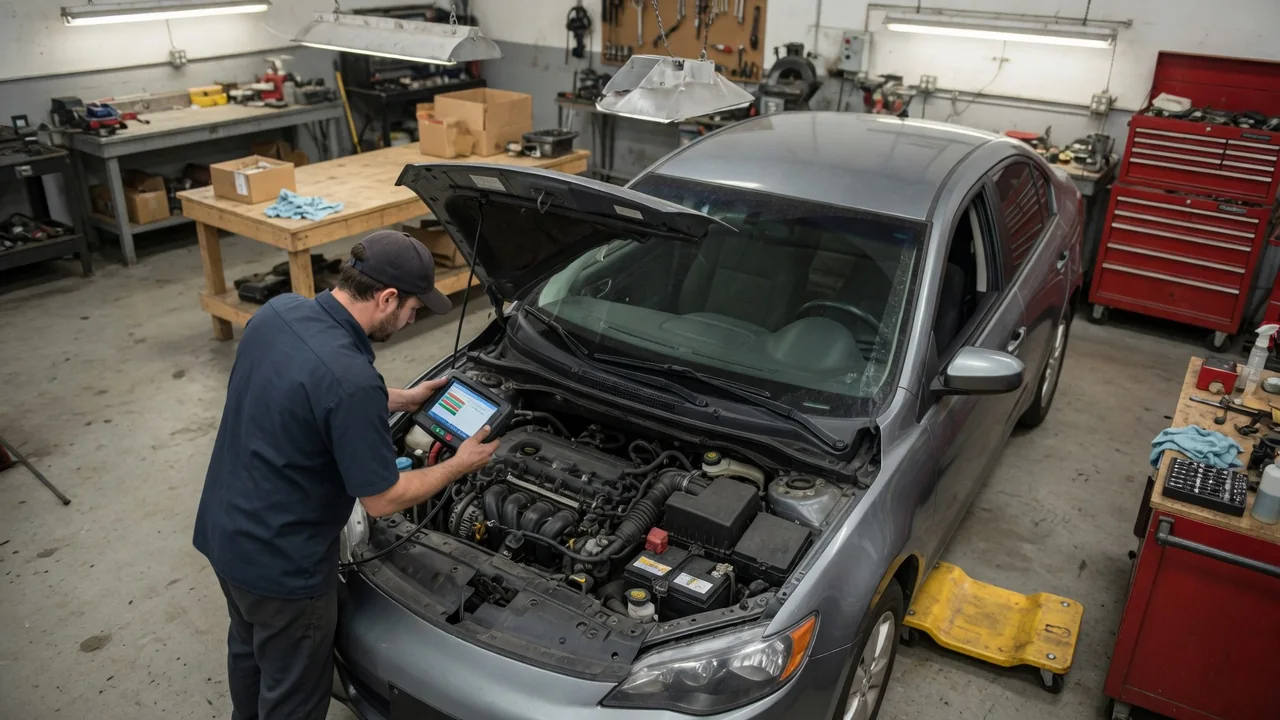 Technician reviewing fuel rail pressure readings on a scan tool beside an open vehicle hood