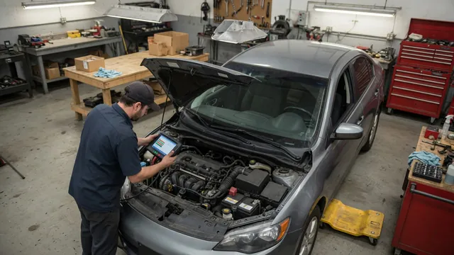 Technician reviewing fuel rail pressure readings on a scan tool beside an open vehicle hood