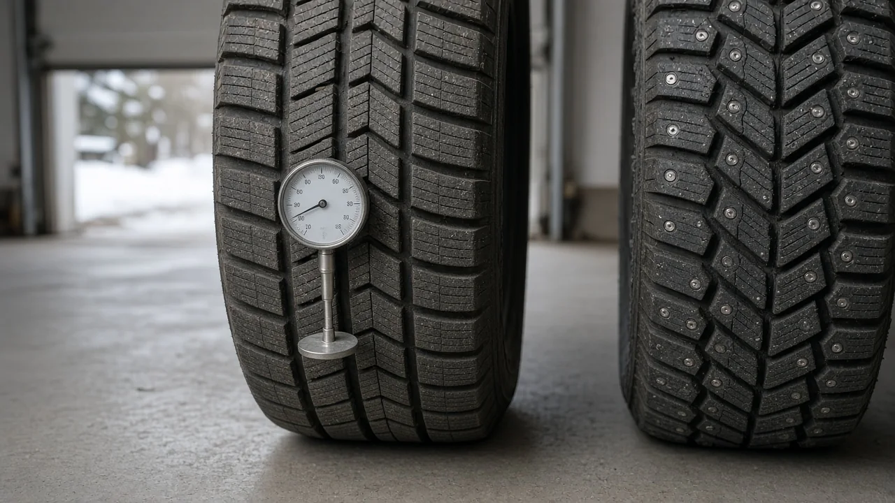 A winter tire and a studded snow tire on a garage floor, with a tread depth gauge in one groove