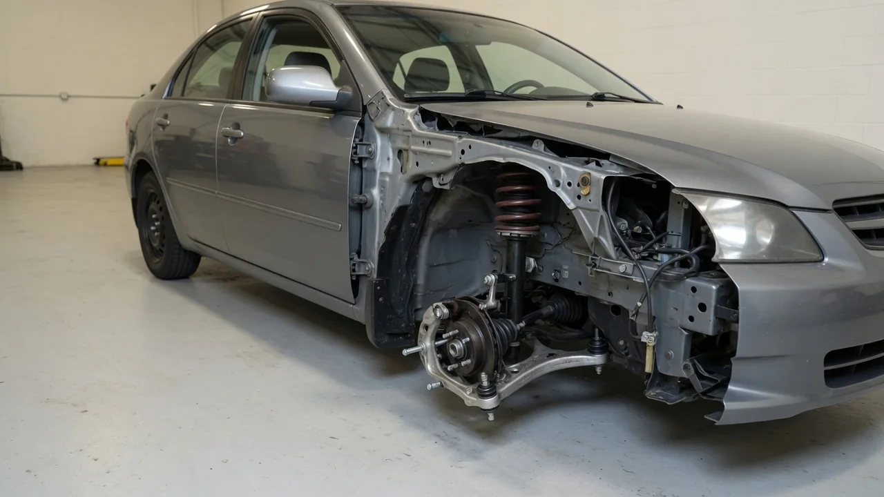 Car wheel and suspension assembly showing a bushing, ball joint, sway bar link and shock absorber