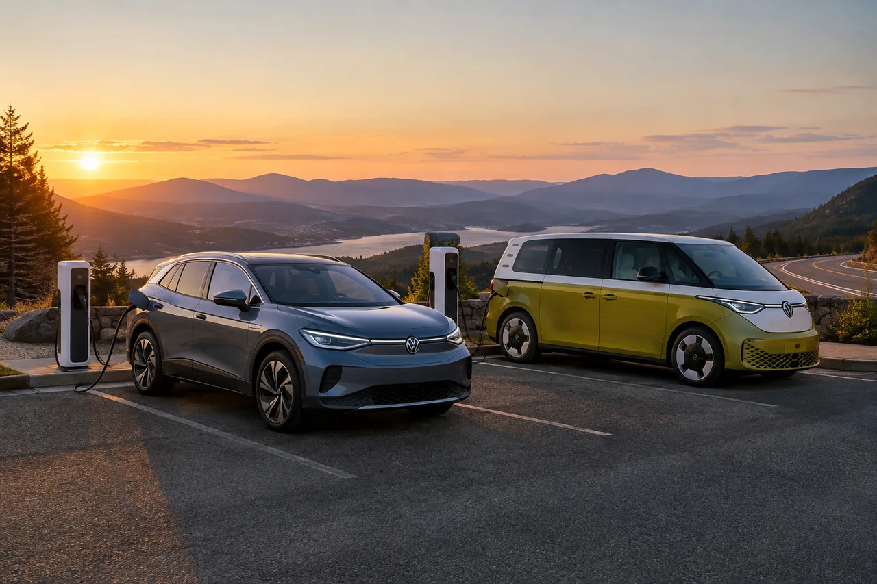 A Volkswagen electric SUV and an ID. Buzz electric van parked at a highway charging stop at sunset
